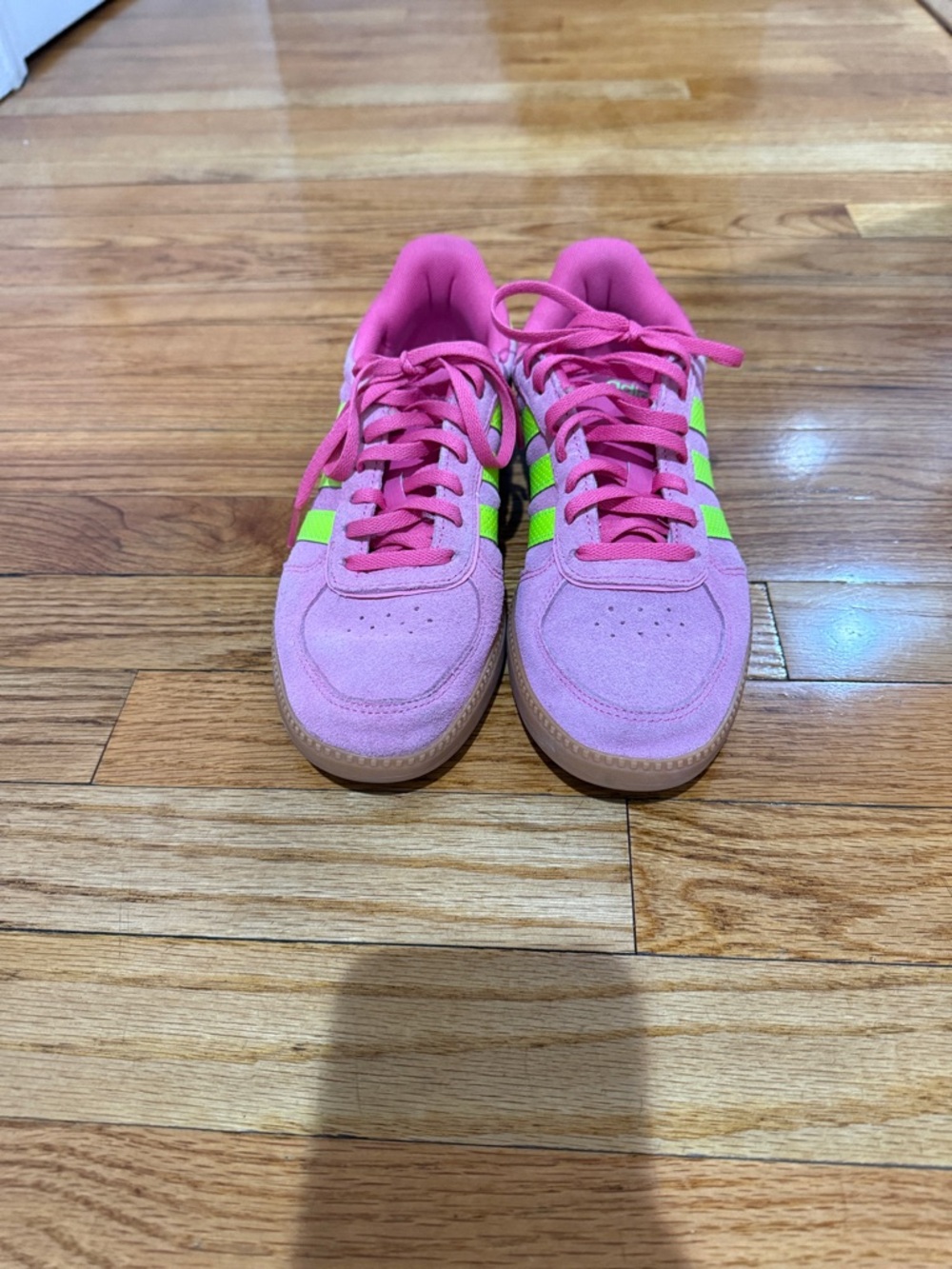 Adidas Pink Suede Sneakers with Neon Yellow Stripes